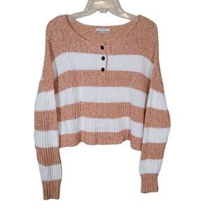American Eagle Outfitters Women Cropped Henley Sweater Striped Tan White Size M